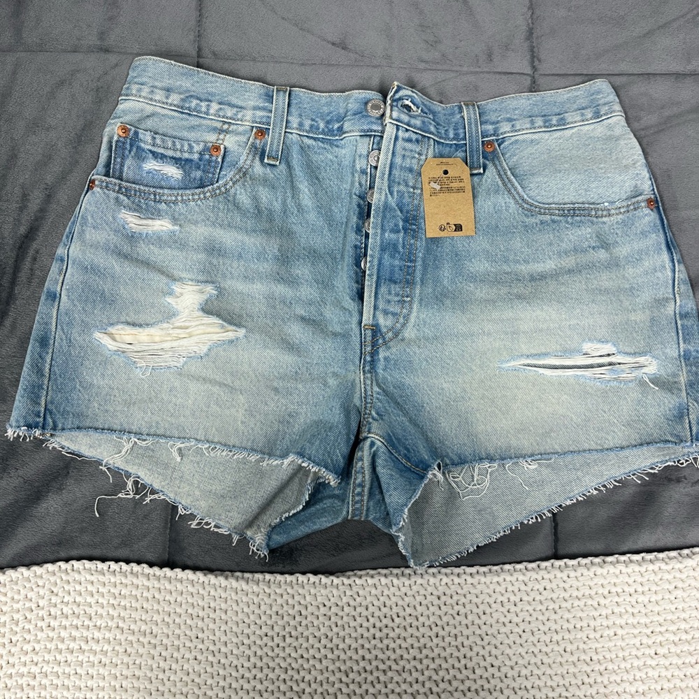 Levi's Light Blue Distressed High-Rise Denim Shorts